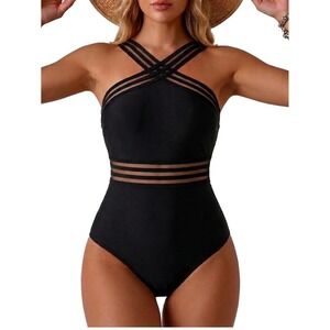 Hilor Womens Black Mesh One Piece Swimsuit High Neck Halter Monokini NewT